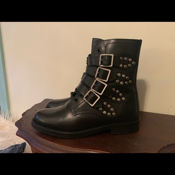 Saint Laurent Black Moto Boots with Silver Buckles - Picture 1 of 8